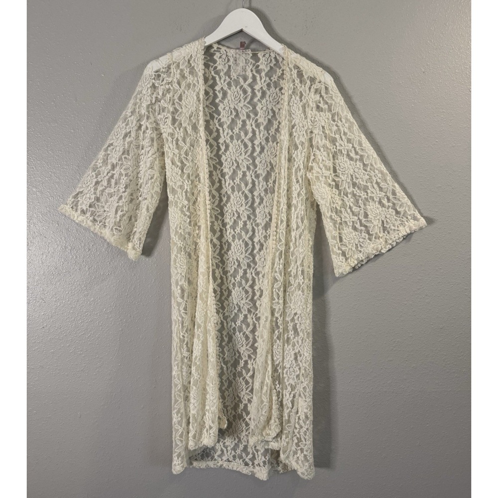 Mauve Ivory Floral Lace Long Kimono Duster M Boho Romantic Bell Sleeve Boho
